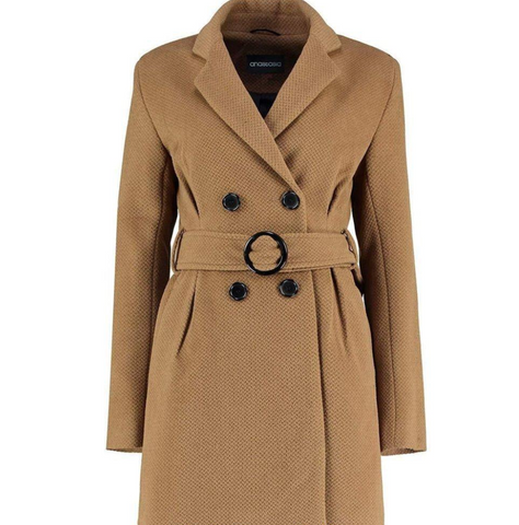 Womens Camel Belted Wool Coat